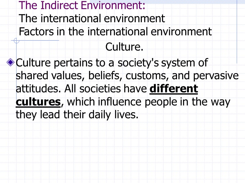 The Indirect Environment: The international environment Factors in the international environment  Culture. 